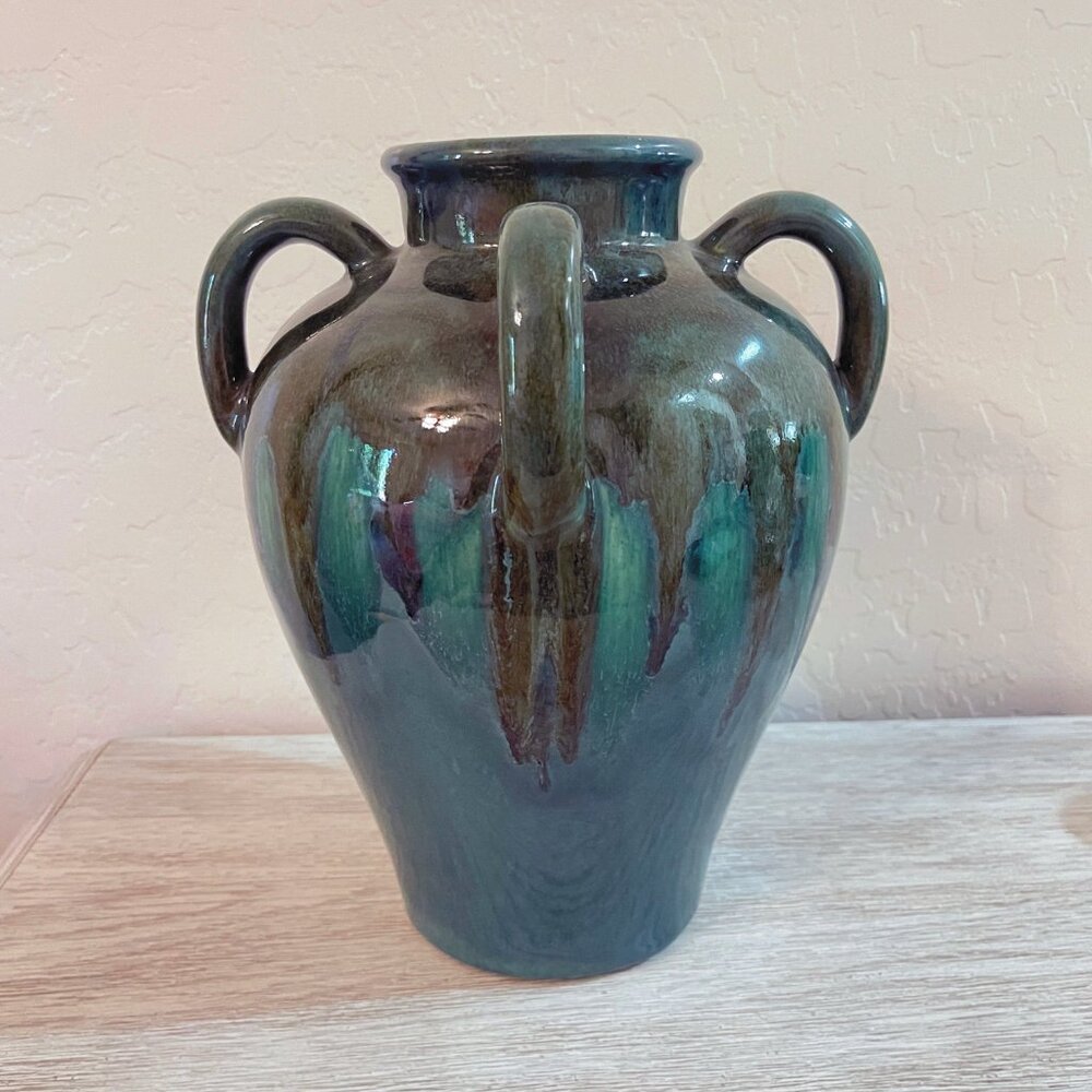 Vase Four Handled Art Pottery Blue Green Unique Heavy